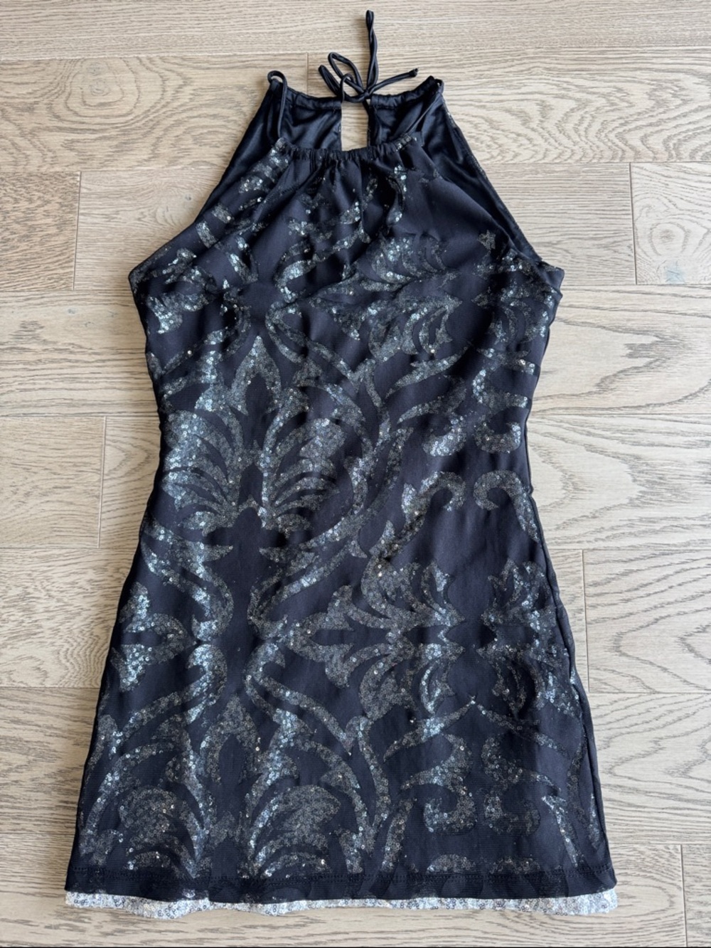 LE CHATEAU Black Halter White Silver Sparkly Sequin Mini Dress Small